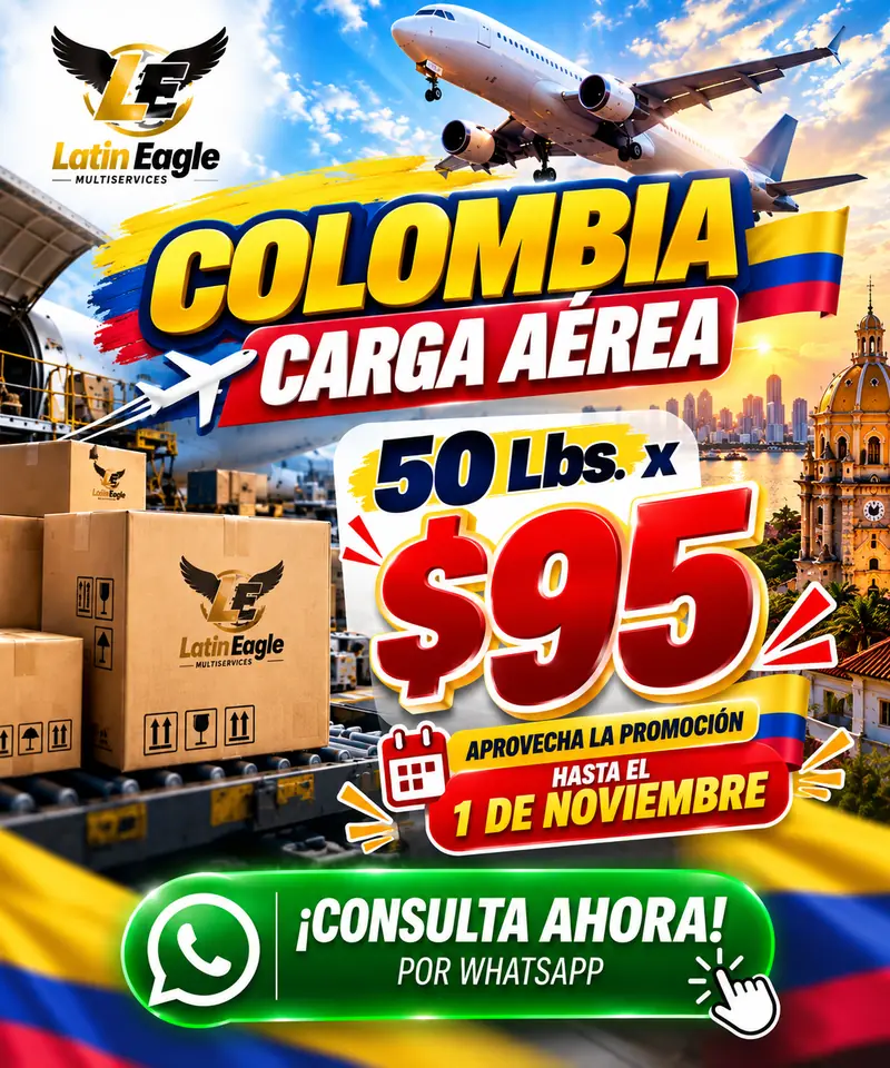 Promoción de envíos a Colombia por carga aérea: 50 libras por $95, hasta el 1 de noviembre de 2026